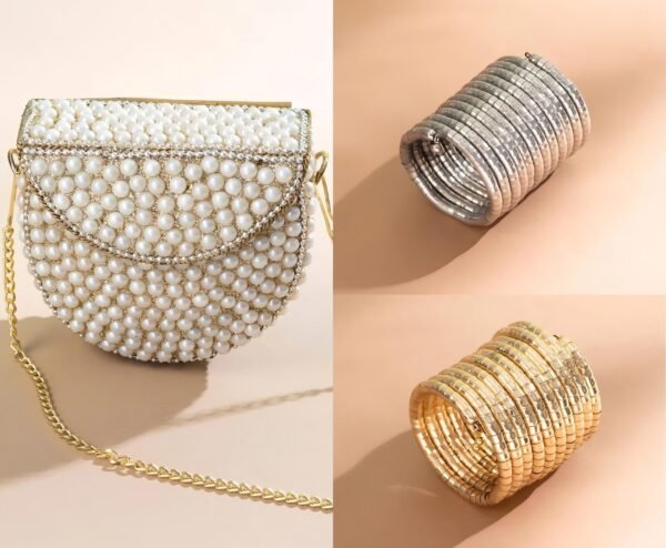 Pearl Handbag (Mini) Spiral Viral Gold and Silver Bracelets (Festive Combo)