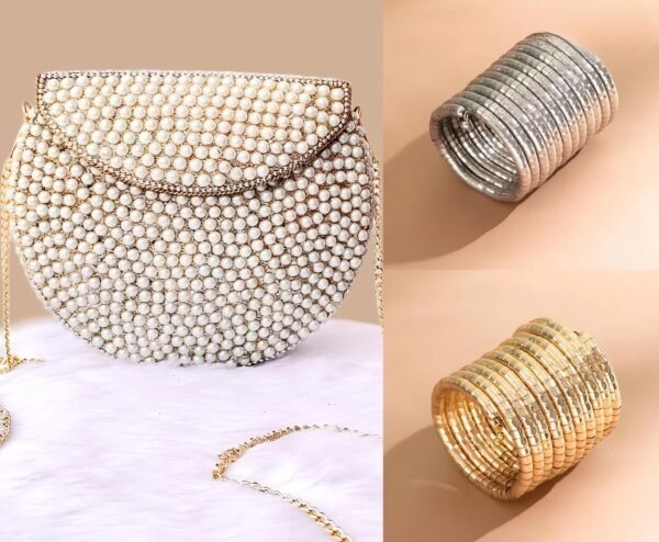 Pearl Handbag Spiral Viral Gold and Silver Bracelets (Festive Combo)